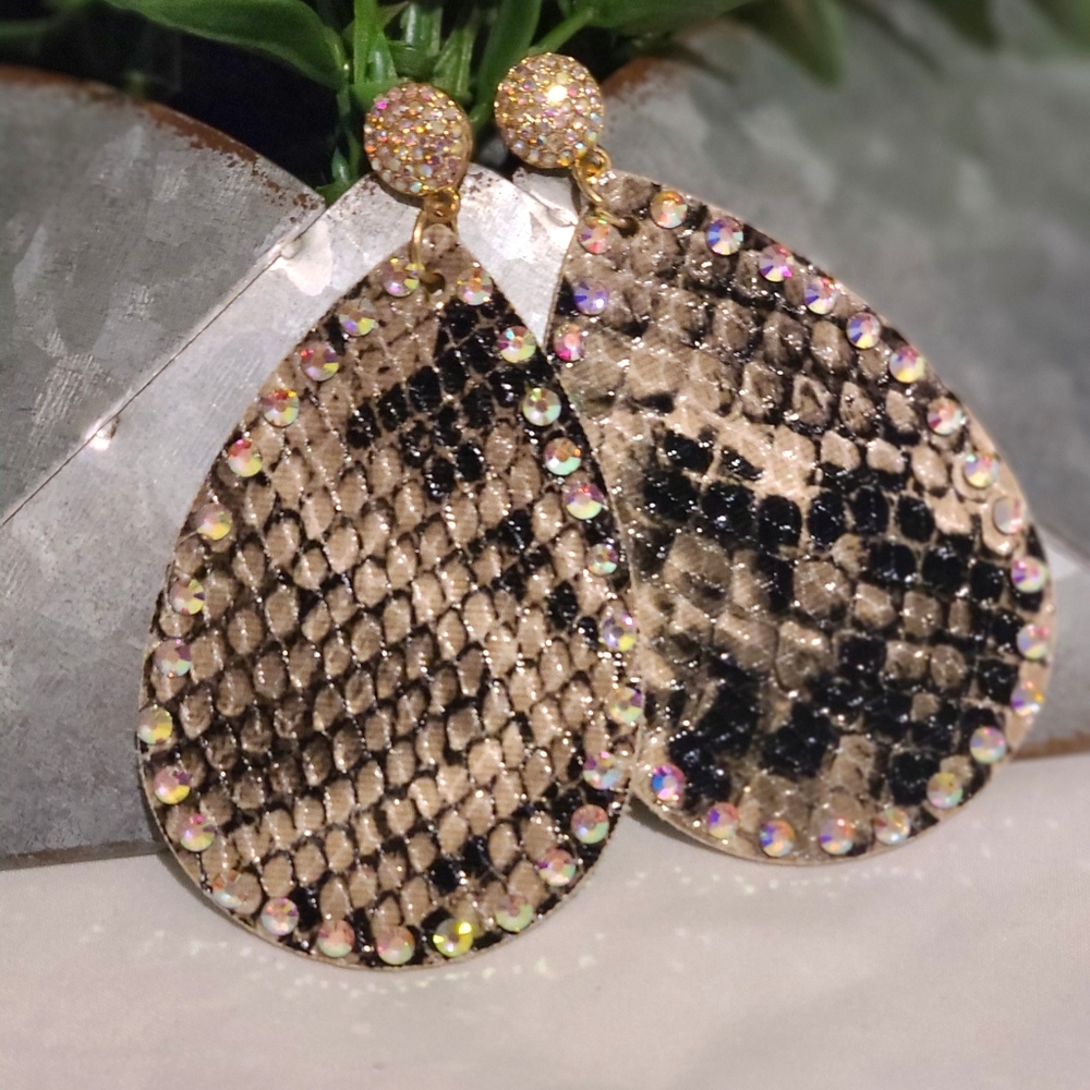 Faux leather dangle earrings animal print snake gold Chrystals bling ele…